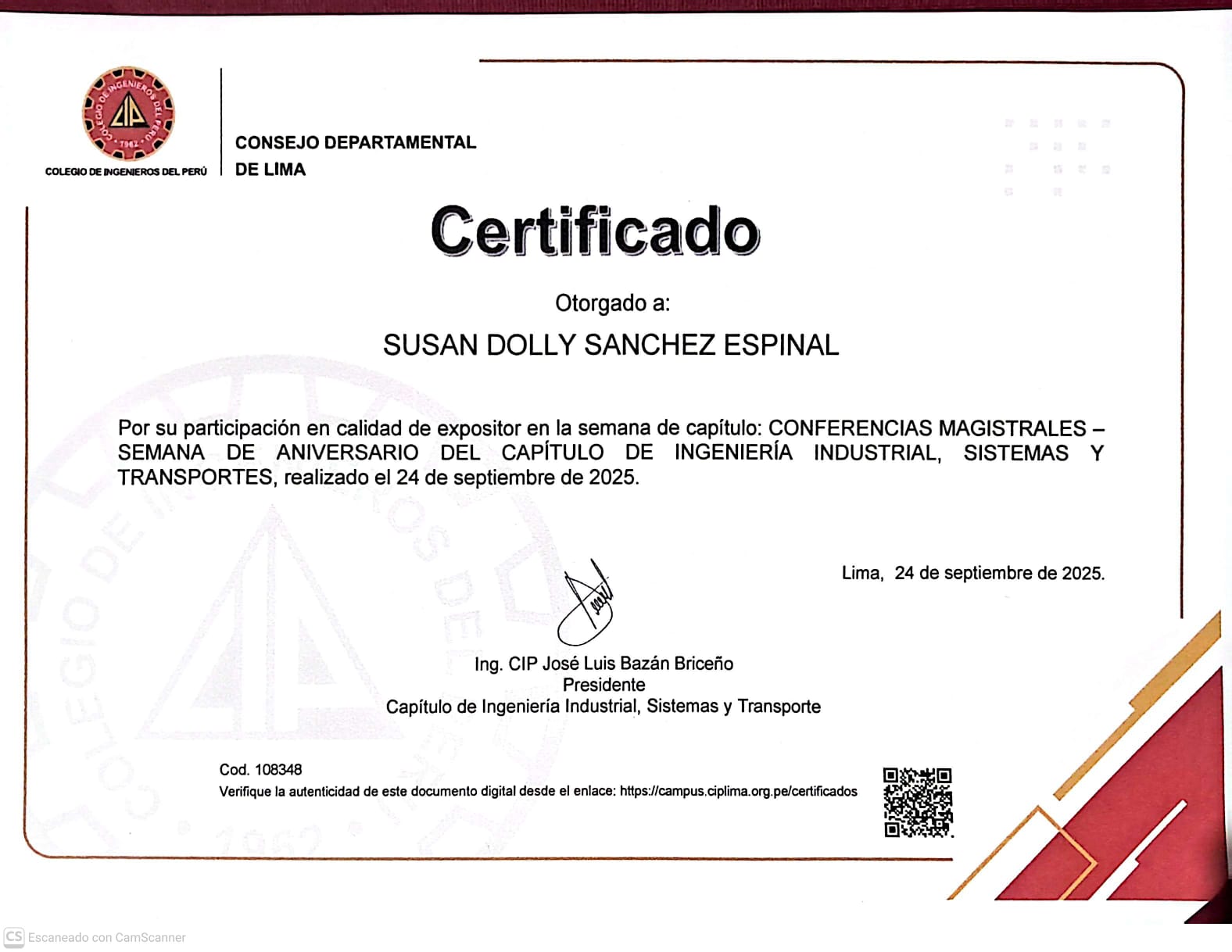 Certificado de expositor otorgado a Susan Sánchez por el Colegio de Ingenieros del Perú