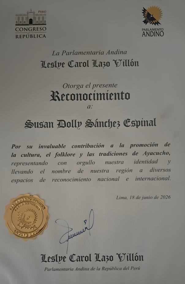 Reconocimiento otorgado por la Parlamentaria Andina Leslye Carol Lazo Villón